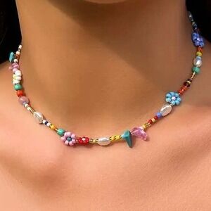 Beaded Necklace Colorful Flower Pearl Accent Trendy‎ Funkycore Y2K